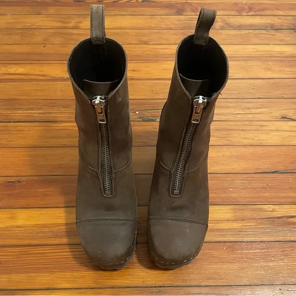 Swedish Hasbeens Zip Front Platform Clog Boot Scandi Size 41 Women Brown Nubuck - Picture 5 of 12
